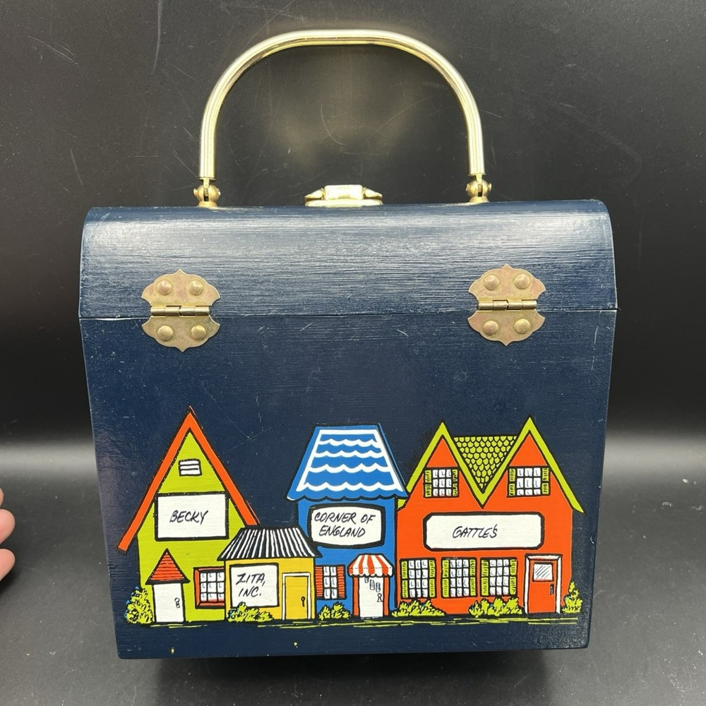 Hand Painted Macneil and Purnell Handbag Purse Retro Dark Blue Quilted Plastic